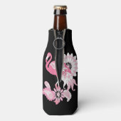 Moderne zwarte en witte strepe roze flamingo flesjeskoeler (Fles Achterkant)
