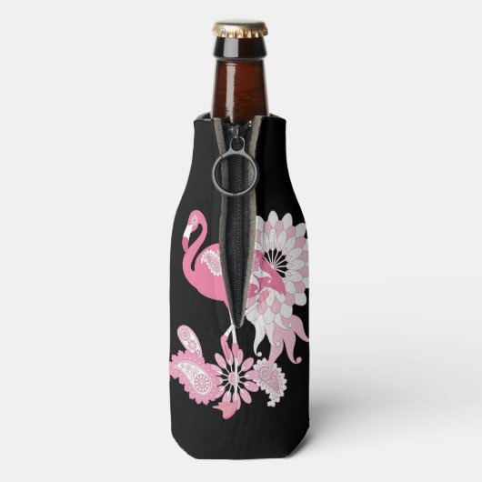 Moderne zwarte en witte strepe roze flamingo flesjeskoeler (Fles Achterkant)