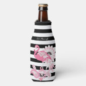 Moderne zwarte en witte strepe roze flamingo flesjeskoeler (Fles Voorkant)