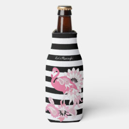 Moderne zwarte en witte strepe roze flamingo flesjeskoeler