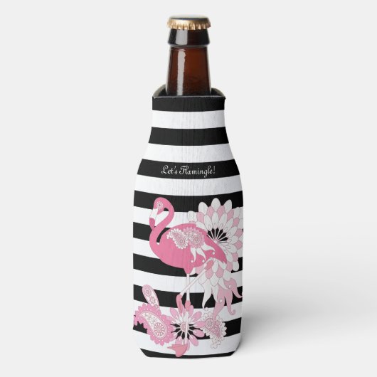 Moderne zwarte en witte strepe roze flamingo flesjeskoeler (Fles Voorkant)