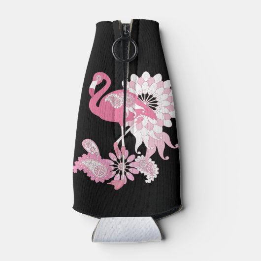 Moderne zwarte en witte strepe roze flamingo flesjeskoeler (Achterkant)
