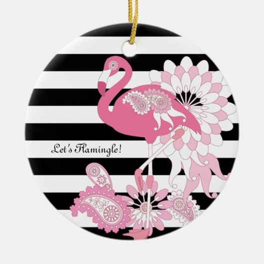 Moderne zwarte en witte strepe roze flamingo keramisch ornament (Voorkant)