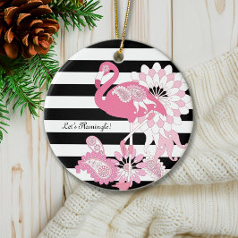 Moderne zwarte en witte strepe roze flamingo keramisch ornament