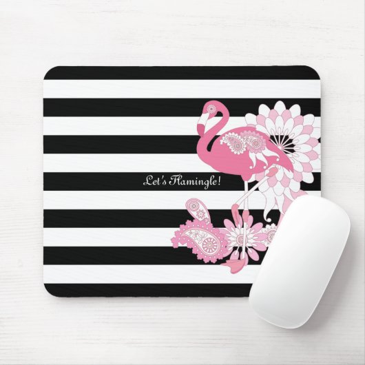Moderne zwarte en witte strepe roze flamingo muismat (Met muis)