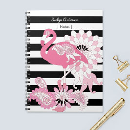 Moderne zwarte en witte strepe roze flamingo notitieboek