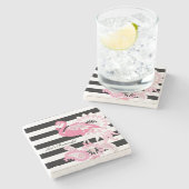 Moderne zwarte en witte strepe roze flamingo stenen onderzetter (Zijkant)