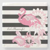 Moderne zwarte en witte strepe roze flamingo stenen onderzetter (Voorkant)