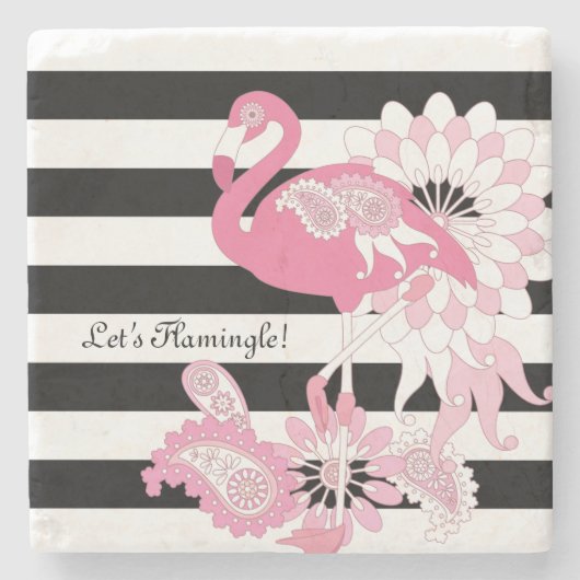 Moderne zwarte en witte strepe roze flamingo stenen onderzetter (Voorkant)