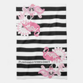 Moderne zwarte en witte strepe roze flamingo theedoek (Verticaal)