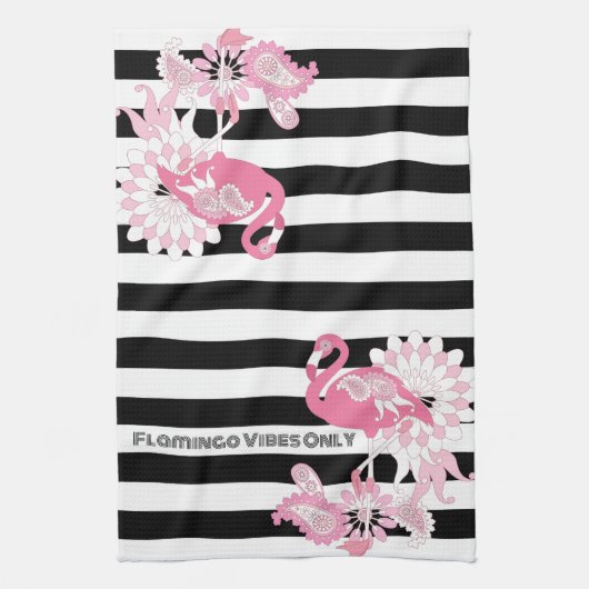 Moderne zwarte en witte strepe roze flamingo theedoek (Verticaal)