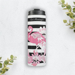 Moderne zwarte en witte strepe roze flamingo thermosbeker