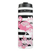 Moderne zwarte en witte strepe roze flamingo thermosbeker (Voorkant)