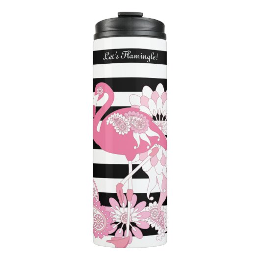 Moderne zwarte en witte strepe roze flamingo thermosbeker (Voorkant)