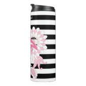 Moderne zwarte en witte strepe roze flamingo thermosbeker (Geroteerd rechts)