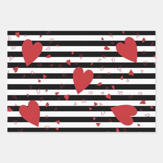 Moderne zwarte en witte strepen en rode harten inpakpapier vel (Voorkant)