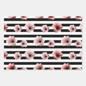 Moderne zwarte en witte strepen en roze bloemen inpakpapier vel (Voorkant)