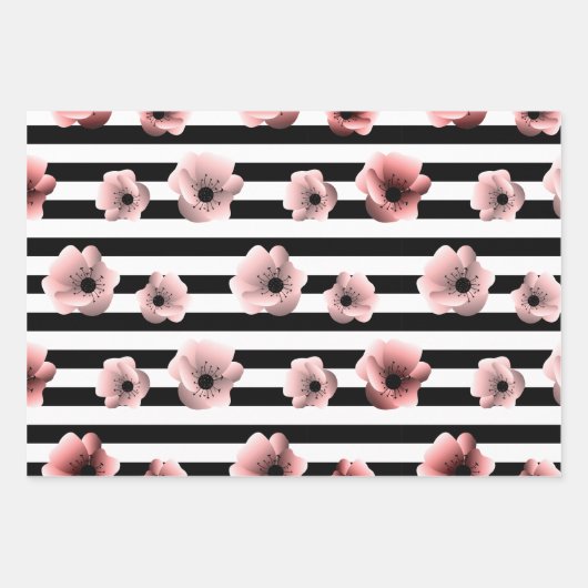 Moderne zwarte en witte strepen en roze bloemen inpakpapier vel (Voorkant)