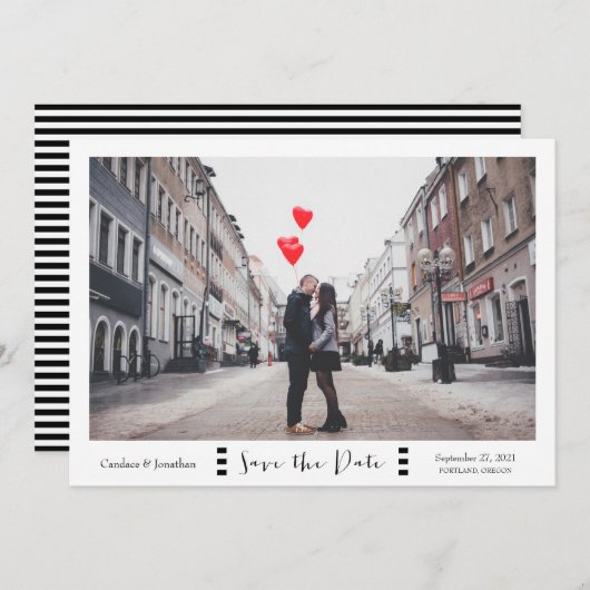 Moderne zwarte en witte strepen Foto opslaan Datum Save The Date (Voorkant / Achterkant)