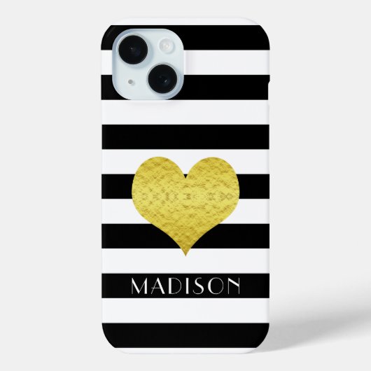Moderne Zwarte En Witte Strepen Gouden Hart Naam Case-Mate iPhone Case (Achterkant)