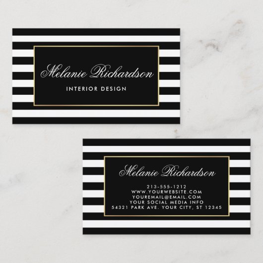 Moderne zwarte en witte strepen met Gold Lijst Visitekaartje (Voorkant / Achterkant)