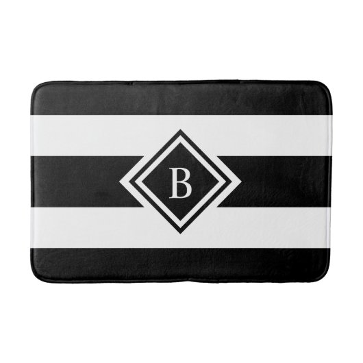 Moderne zwarte en witte strepen, monogrammen badmat (Voorkant)