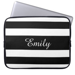 Moderne Zwarte En Witte Strepen Patroonnaam Laptop Sleeve