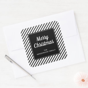Moderne Zwarte En Witte Strepen Prettig Kerstfeest Vierkante Sticker