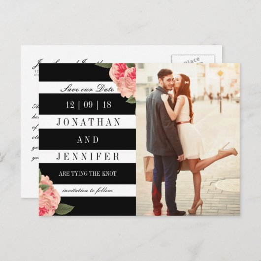 Moderne zwarte en witte strepen slaan de datum op aankondigingskaart (Voorkant / Achterkant)