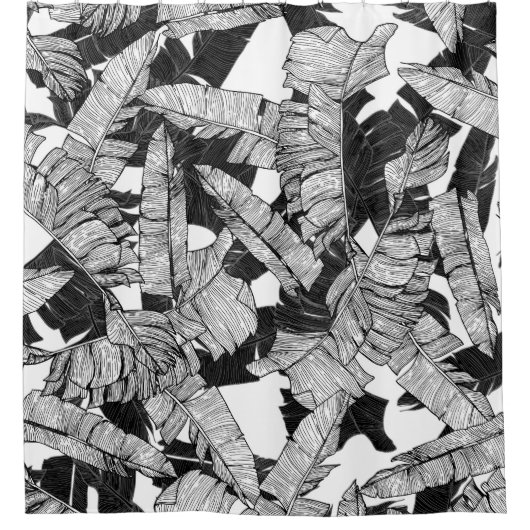 Moderne zwarte en witte tropische bananenbladeren douchegordijn (Voorkant)
