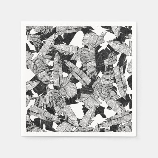 Moderne zwarte en witte tropische bananenbladeren servetten (Voorkant)