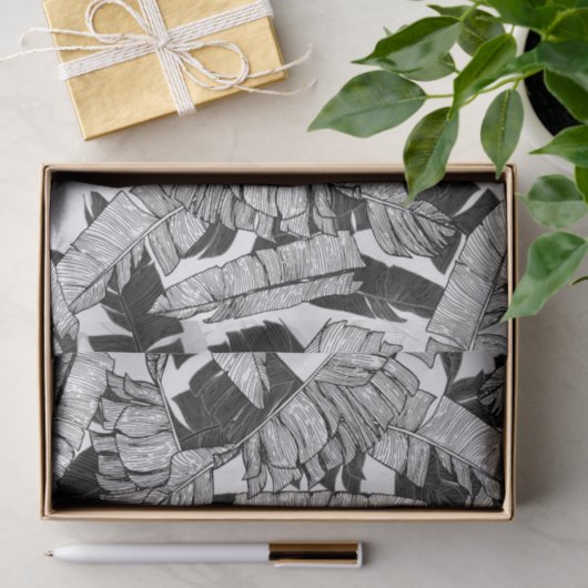 Moderne zwarte en witte tropische bananenbladeren tissuepapier (Geschenk)