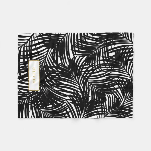 Moderne zwarte en witte tropische palmbladreuzel fleece deken (Voorkant (Horizontaal))