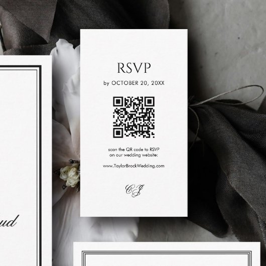 Moderne Zwarte en Witte Trouw-RSVP-QR-code Informatiekaartje