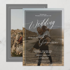 Moderne zwarte en witte trouwscript 2 foto's kaart