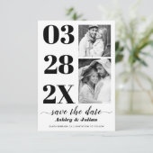 Moderne zwarte en witte typografie twee foto save the date (Staand voorkant)