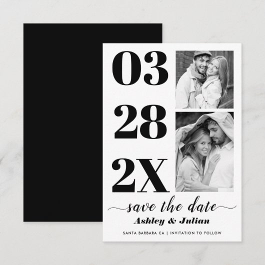 Moderne zwarte en witte typografie twee foto save the date (Voorkant / Achterkant)