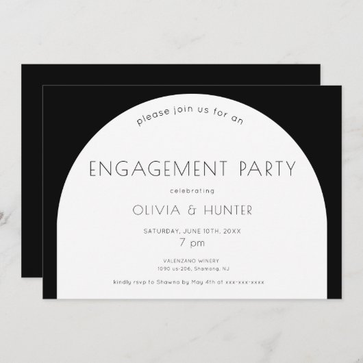 Moderne zwarte en witte uitnodiging voor verloving (Voorkant / Achterkant)