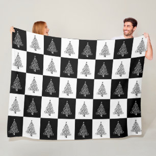 Moderne Zwarte En Witte Vierkanten Met Kerstbomen Fleece Deken