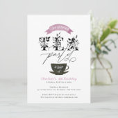 Moderne zwarte en witte Waterverf Tea Party roze Kaart (Staand voorkant)