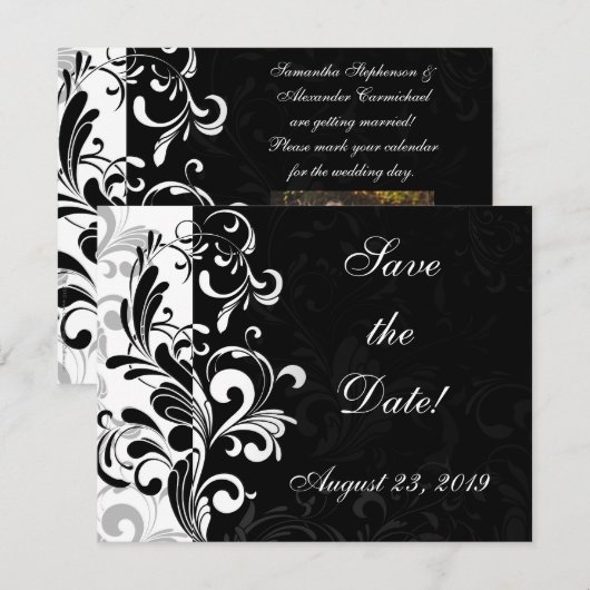 Moderne Zwarte en Witte Werveling Save The Date (Voorkant / Achterkant)