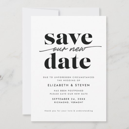 Moderne zwarte en witte wijziging van de datumkaar save the date (Voorkant)