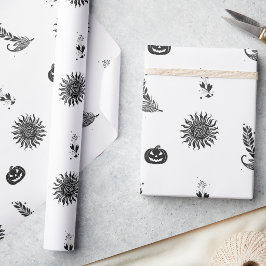 Moderne Zwarte en Witte Witchcore Halloween Cadeaupapier