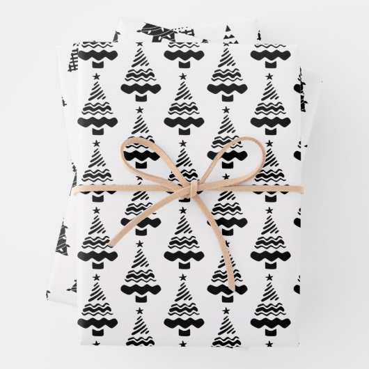 Moderne zwarte en witte witte kerstbomen inpakpapier vel (In situ)