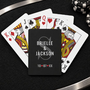 Moderne zwarte en zilveren monogram bruiloft pokerkaarten