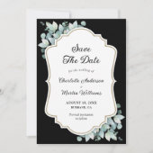 Moderne zwarte eucalyptus groen bruiloft save the date (Voorkant)