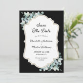 Moderne zwarte eucalyptus groen bruiloft save the date (Staand voorkant)