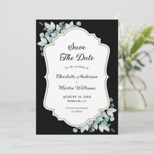 Moderne zwarte eucalyptus groen bruiloft save the date (Staand voorkant)