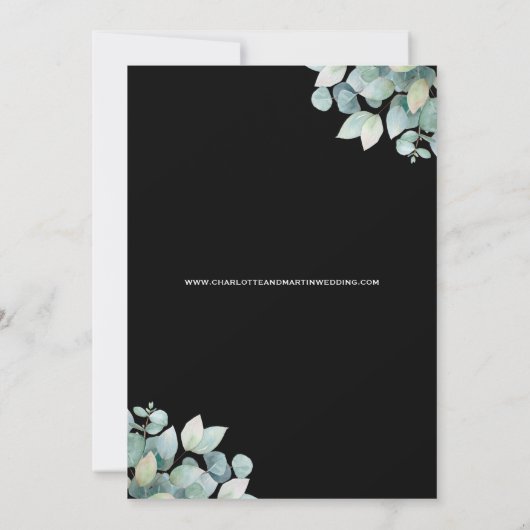 Moderne zwarte eucalyptus groen bruiloft save the date (Achterkant)
