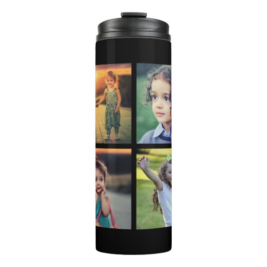 Moderne zwarte familie 4 fotocollage familienaam thermosbeker (Voorkant)